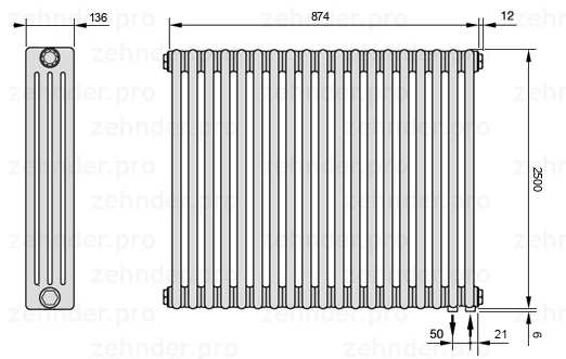 Схема (чертеж) Радиатор Zehnder Charleston 4250/19 №5510 Белый глянцевый RAL 9016